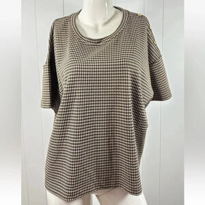 Lauren Ralph Lauren Brown Herringbone Short Sleeve Buttons Shoulder Top …